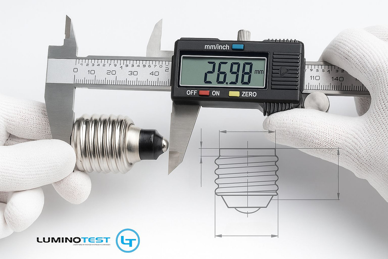 Verificación dimensional del casquillo E27 con calibre digital para garantizar compatibilidad y seguridad eléctrica