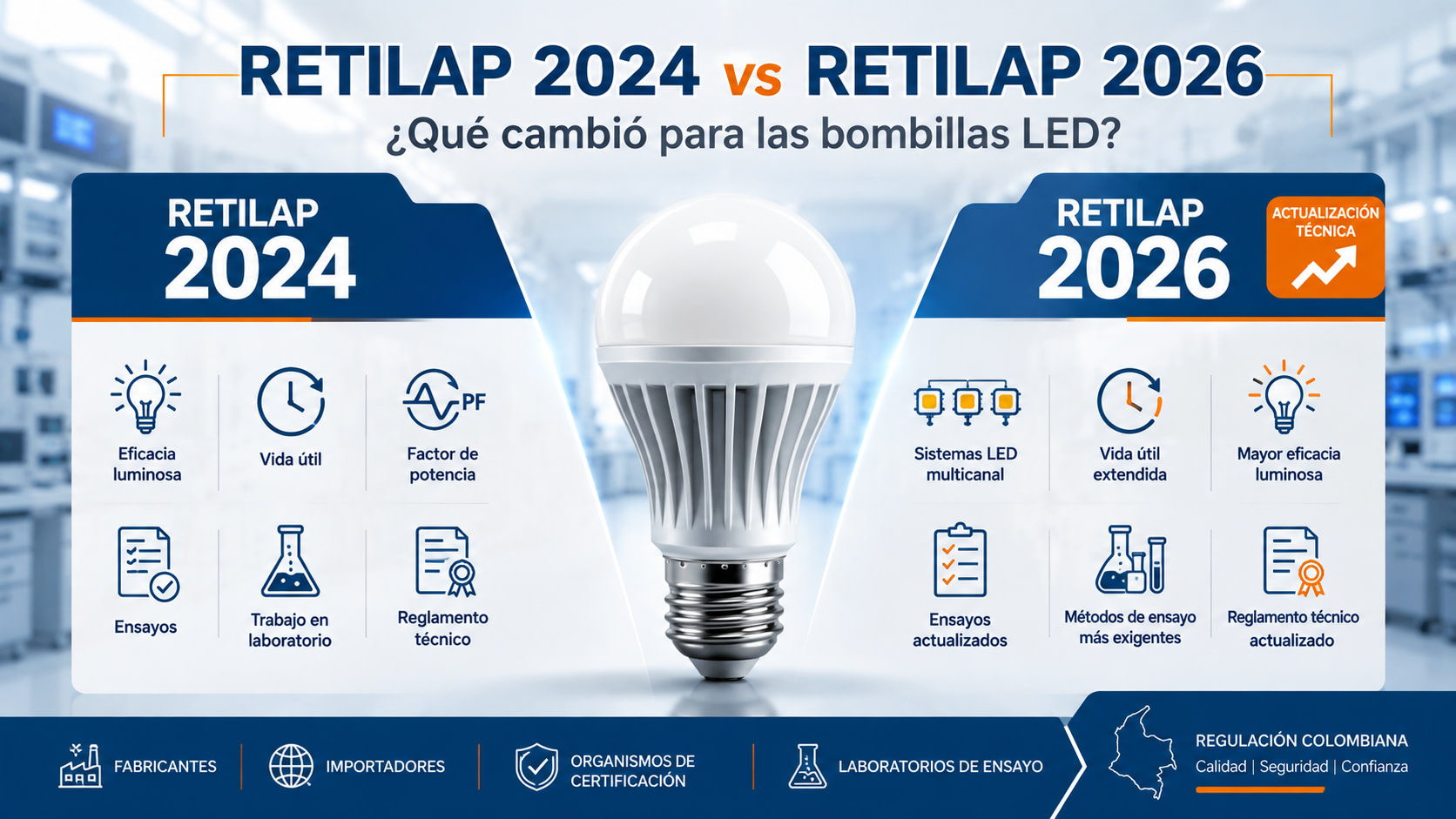 Bombillas LED en el RETILAP 2026: cambios en requisitos y ensayos frente al RETILAP 2024
