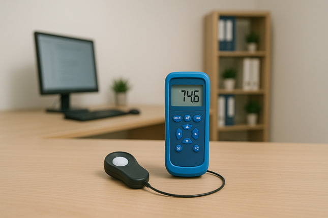 Profesional realizando mediciones higiénicas de luxometría.